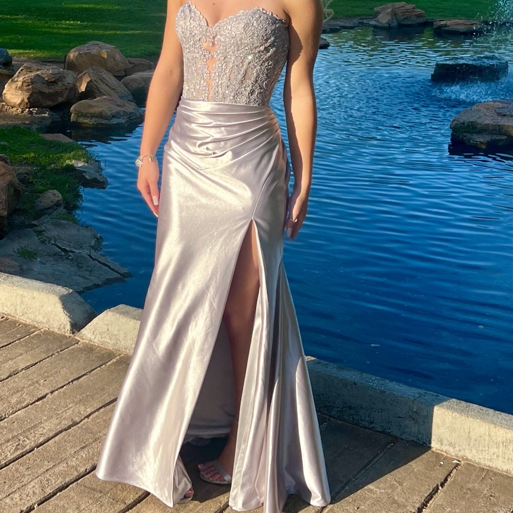 Sherri Hill Silver Strapless Gown